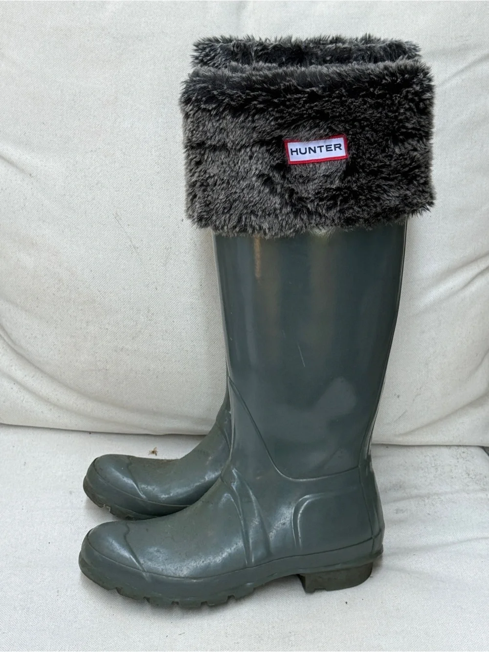 Hunter Dark Gray Rubber Tall Boots with Faux Fur Insert